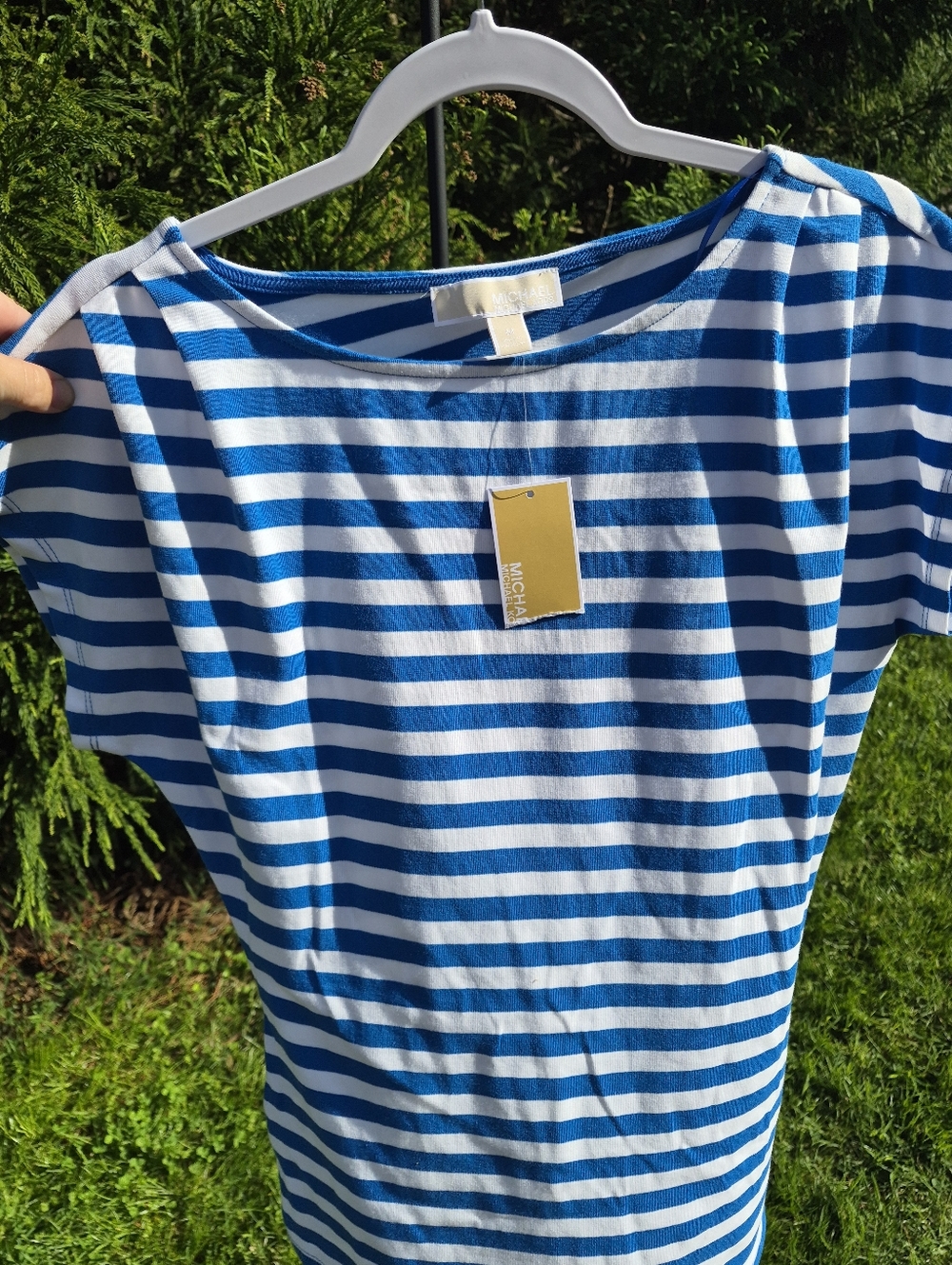 NWT MICHAEL KORS Blue and White Striped Boatneck Top Size MEDIUM